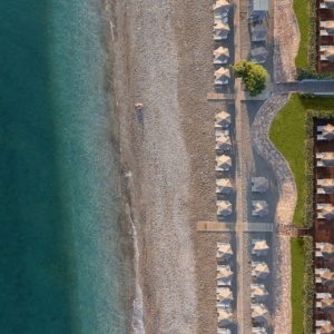 Aerial view of Ialyssos, one of the best Rhodes beaches, and the daily horizon of Electra Palace Rhodes Hotel. 